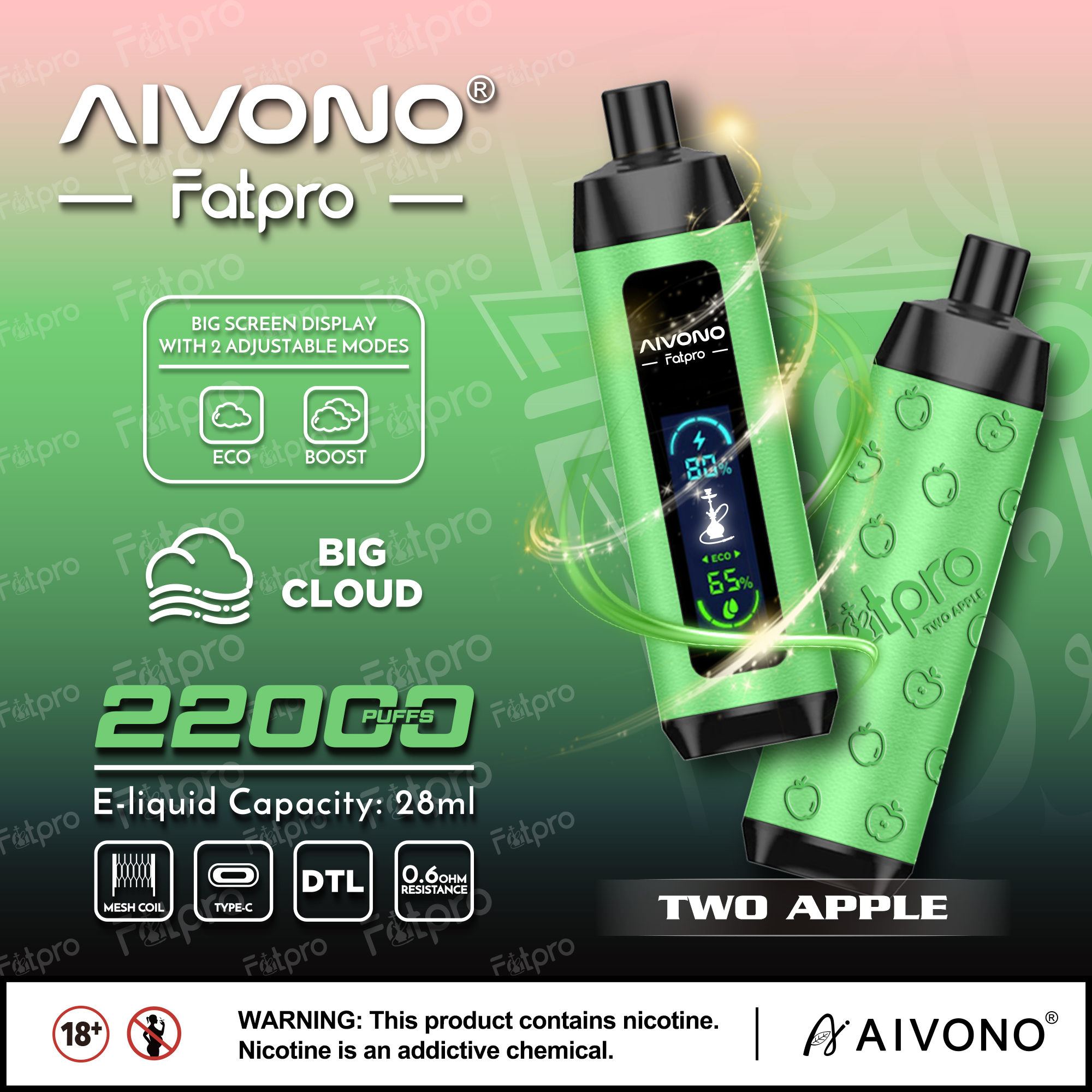Aivono Aim Fatpro 22000 Puffs E-Cigarette - 28ml E-Liquid Capacity, 0%/2%/3%/5% Nicotine Options