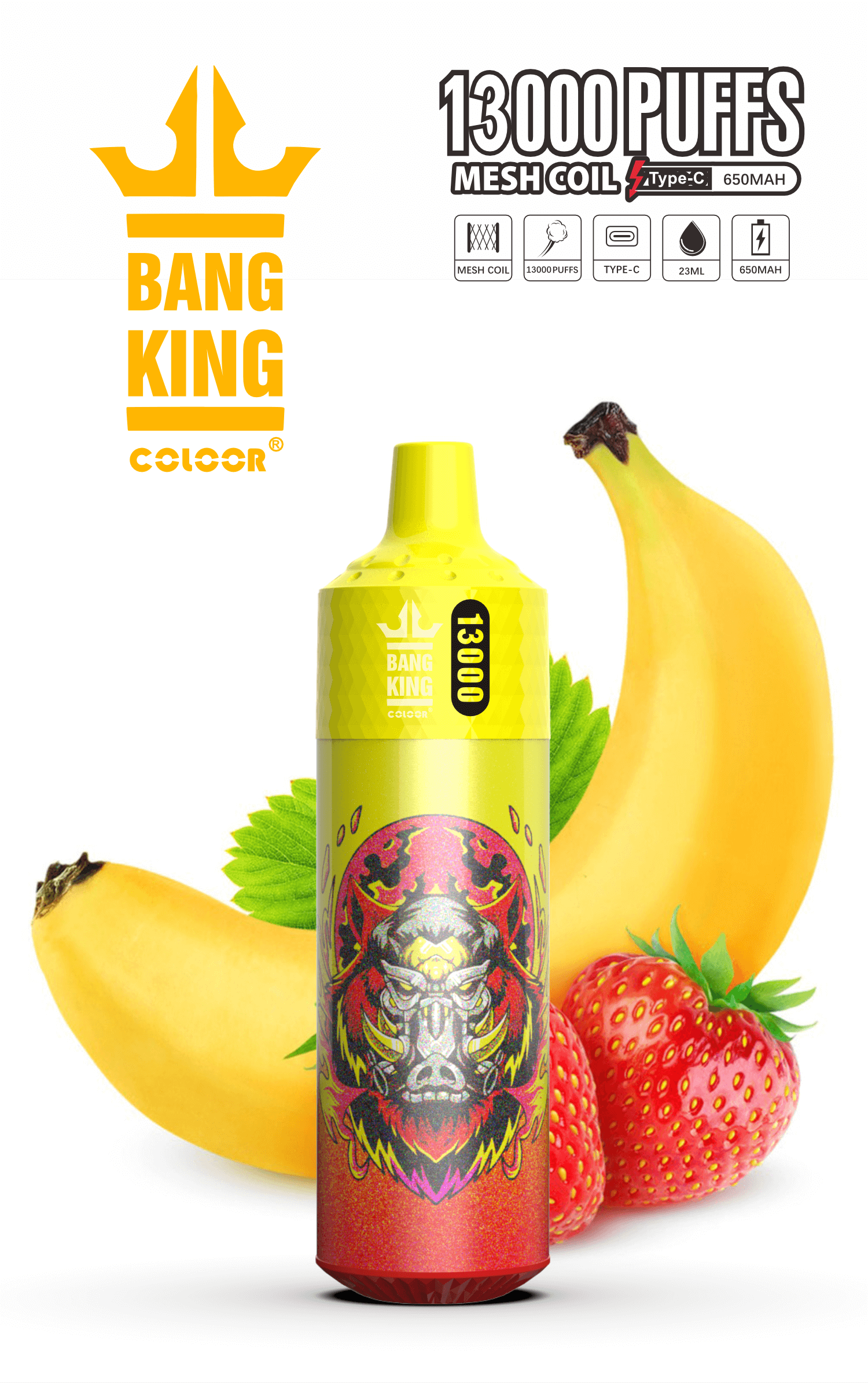 Bang King 13000 Vape Pen - 13000 Puffs, 16 Flavors, 650mAh Battery, Mesh Coil Technology, Type-C Rechargeable