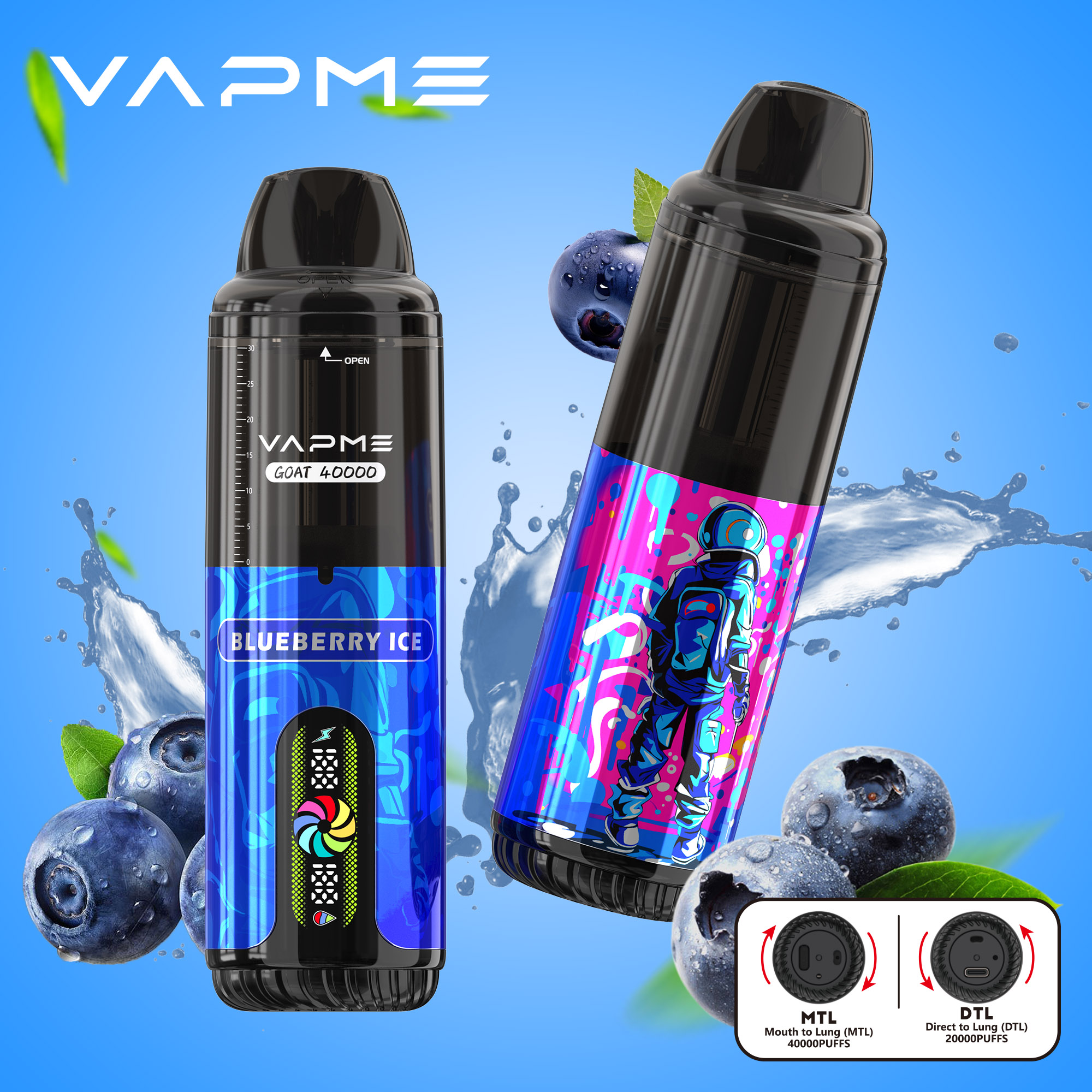 Vapme Goat 40000 Disposable E-Cigarette - 40000+ Puffs, 850mAh Battery, 30mL E-Liquid, 10 Flavors, DTL/MTL Modes