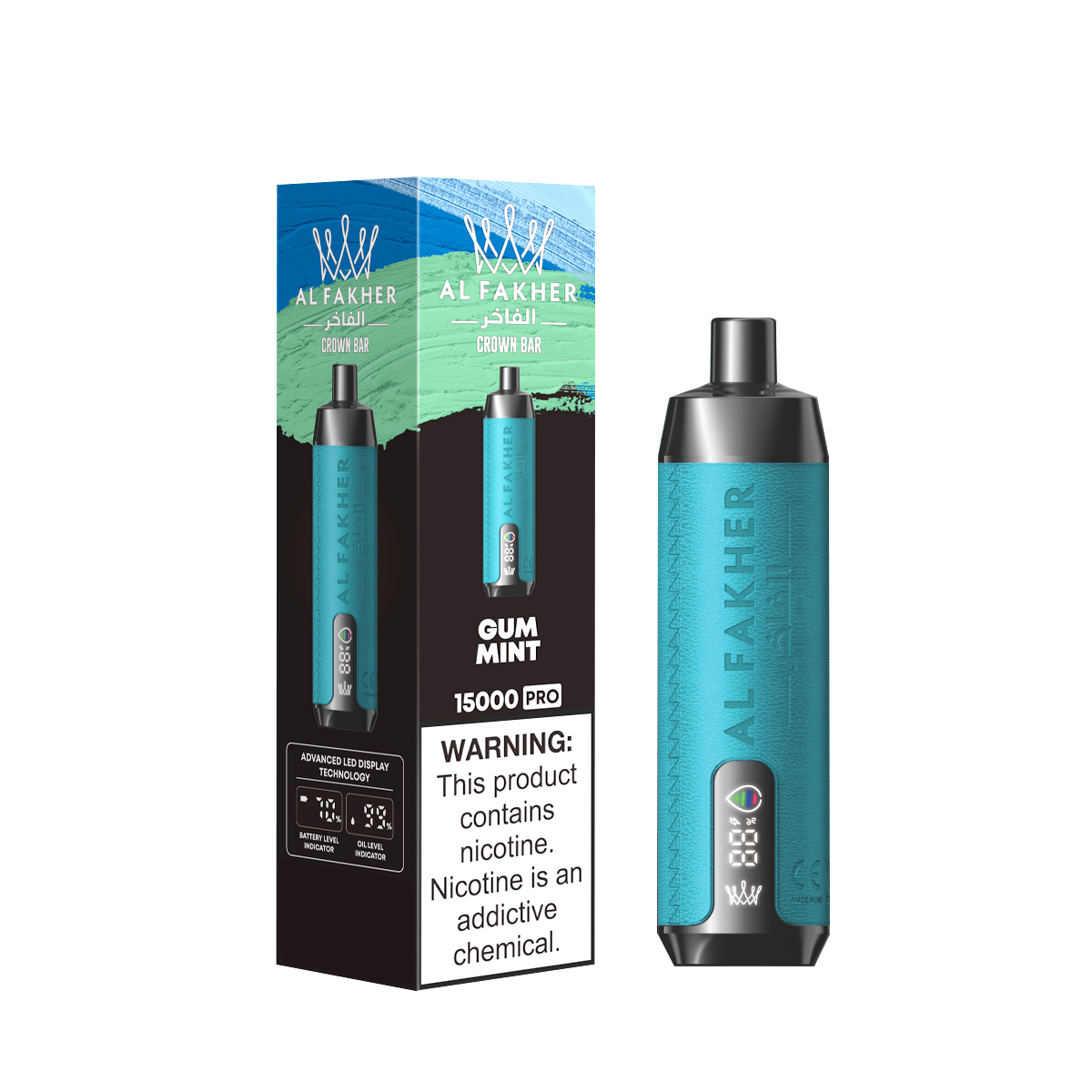 AlFakher Crown Bar 15000 Pro Puffs Disposable Vape - 15000 Puffs, 5% Nicotine, 22ml E-liquid, USB-C Rechargeable, 110g Net Weight